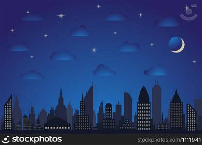 Night landscape with city silhouette of skyscrapers, stock vector illustration