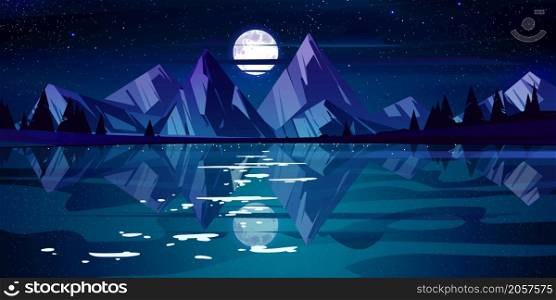 Night landscape with lake, mountains and trees on coast. Vector cartoon illustration of nature scene with coniferous forest on river shore, rocks, moon and stars in dark sky. Night landscape with lake, mountains and trees