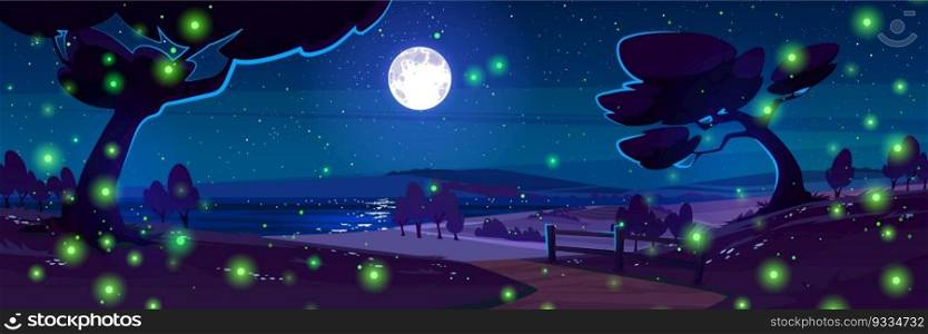 Night landscape with moon in starry sky and fireflies cartoon vector background scene. Nighttime beach illustration with path to sea and skyline. Romantic moonlight reflection in dark ocean horizon. Night landscape with moon in sky and fireflies