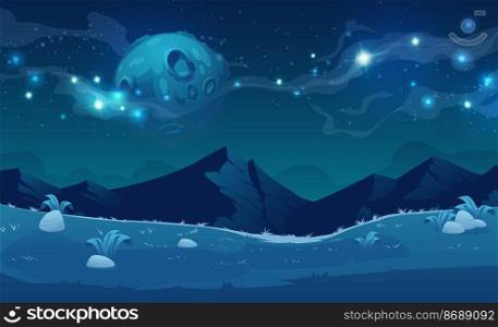 Night landscape with mountains and full moon with stars glowing over rocky peaks. Mysterious twilight scenery view with rocks. Beautiful nature nighttime background, Cartoon vector illustration. Night landscape with mountains and full moon.