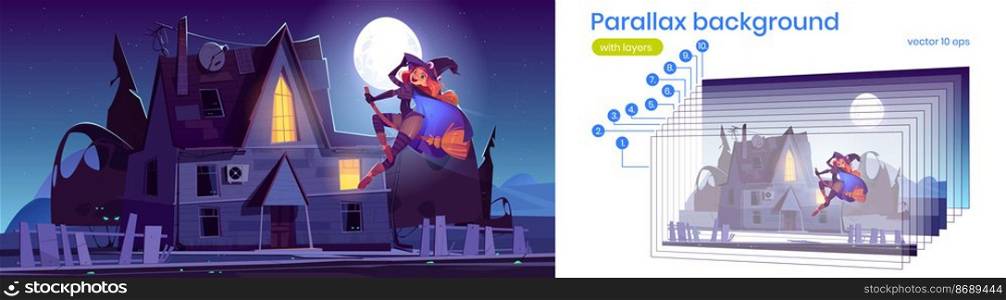 Night landscape with old house and witch flying on broom. Vector parallax background for 2d animation with cartoon illustration of beautiful girl in magician costume flying on background of moon. Parallax background with flying witch and house