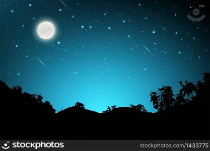 Night landscape with silhouettes of mountains and sky with stars and fullmoon, Starry night sky background. blue sky with shinning stars, vector illustration