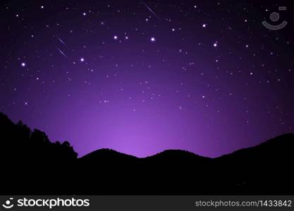 Night landscape with silhouettes of mountains and sky with stars, Starry night sky background. Dark blue sky with shinning stars, vector illustration