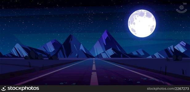 Night landscape with straight highway and mountains under starry sky with full moon. Empty road disappear into the distance at twilight. Way with markup perspective view, Cartoon vector illustration. Night landscape with straight highway and mountain