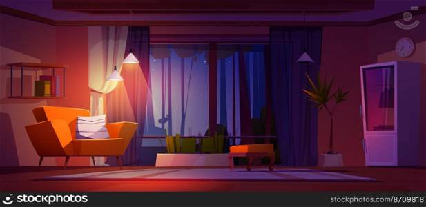 Night Living room interior with large panoramic windows at dusk time. Cottage with view on starry sky and glow l&s. Modern house apartment with furniture, home design, Cartoon vector illustration. Night Living room interior with panoramic windows