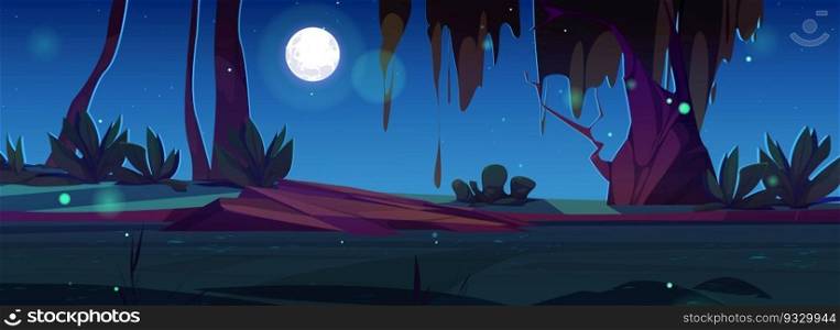Night magic forest with fantasy firefly landscape vector background. Dark cartoon game illustration for fairytale 2d scene in spooky woods with moonlight glowing. Summer starry scenery panorama. Night magic forest with fantasy firefly background