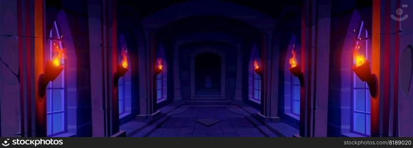 Night medieval stone castle cartoon game background. Mystic dungeon interior with floor, wall, window and fire torch. Fantasy palace corridor perspective view with symmetry inside design to explore.. Medieval stone castle game background at night