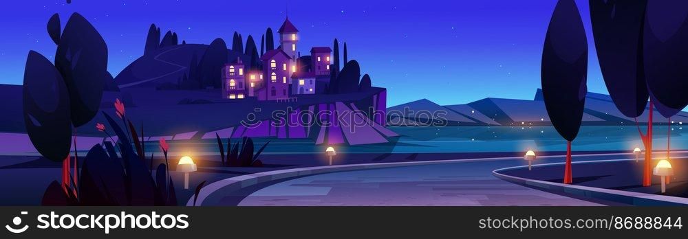 Night Mediterranean landscape, beautiful scenic nature. Sea coast with stone houses, illuminated curve road, mountains, trees and flowers under starry sky. Scenery panorama cartoon vector illustration. Night Mediterranean landscape beautiful sea nature