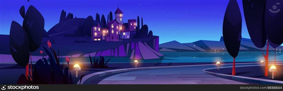 Night Mediterranean landscape, beautiful scenic nature. Sea coast with stone houses, illuminated curve road, mountains, trees and flowers under starry sky. Scenery panorama cartoon vector illustration. Night Mediterranean landscape beautiful sea nature