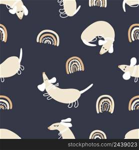 Night∑mer vector seam≤ss pattern of dachshunds and rainbows. Perfect for T-shirt, texti≤and pr∫s. Hand drawn illustration for decor and design.