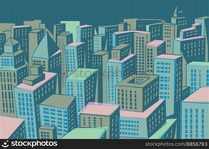 Night modern city panorama. Comic book cartoon pop art retro colored drawing vintage illustration. Night modern city panorama