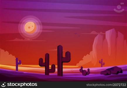 Night Moon Desert Country Cactus Travel Vector Flat Design Illustration
