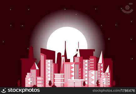 Night Moon Modern City Skyscraper Building Cityscape Skyline Illustration