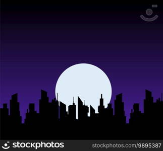 Night moon over city skyscrapers. Silhouettes black panoramic cityscape on dark vector landscape background.. Night moon over city skyscrapers. Silhouettes black panoramic cityscape on dark.