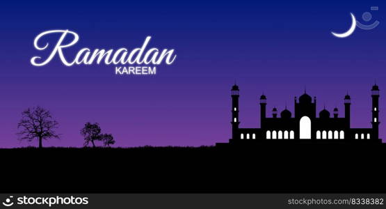 Night mosque silhouette with trees. Ramadan kareem banner. Vector illustration