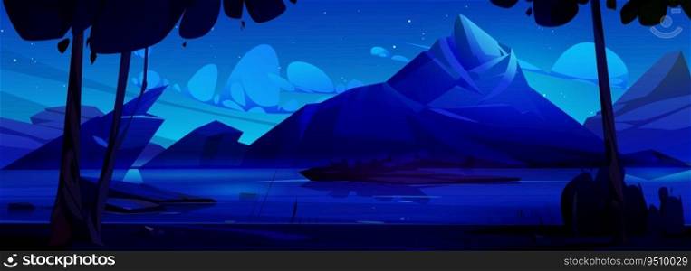 Night mountain landscape seen across sea bay. Vector cartoon illustration of dark mountainscape reflection on water surface, trees on lake bank, stars shining in sky. Travel adventure game background. Night mountain landscape seen across sea bay