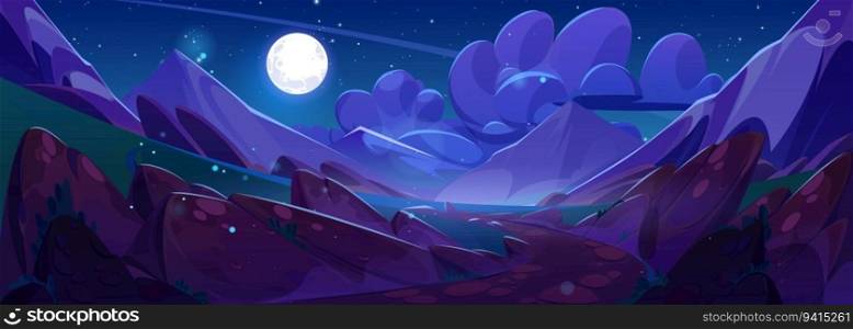 Night mountain landscape with full moon shining in sky. Vector cartoon illustration of beautiful nature, stones and green grass on sides of footpath leading to valley lake, mysterious fireflies in air. Night mountain landscape with full moon