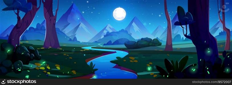 Night mountain river landscape. Vector cartoon illustration of blue water stream flowing in darkness between old trees, neon fireflies glowing in grass and summer flowers, full moon in starry sky. Night mountain river landscape