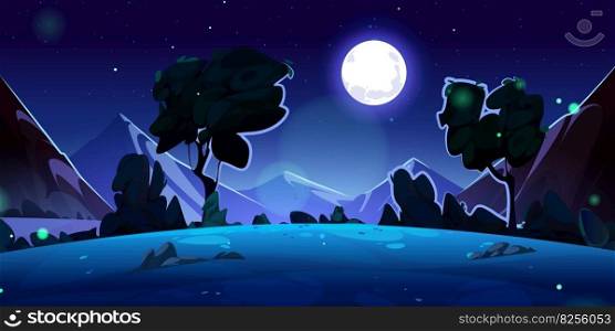 Night mountain valley landscape illustration cartoon vector illustration. Beautiful and wild dark nature scenery environment for expedition trip in Canada. Flying firefly under full moon light in sky. Night mountain valley landscape illustration