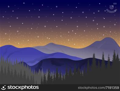 Night Mountains landscape with stars on the sky, forest at night time