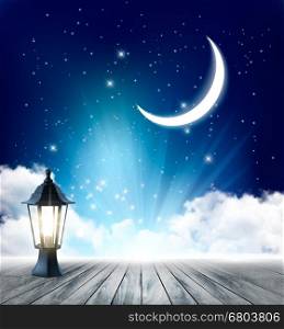 Night nature sky background with full moon, cloud and stars. Vector.