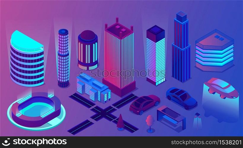 Night neon business center of modern city vector isometric illustration. Downtown place of future with light skyscrapers and flying car. Futuristic street of town cityscape. Night neon business center of modern city vector isometric illustration