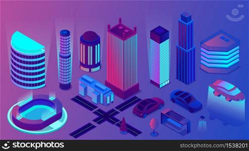 Night neon business center of modern city vector isometric illustration. Downtown place of future with light skyscrapers and flying car. Futuristic street of town cityscape. Night neon business center of modern city vector isometric illustration