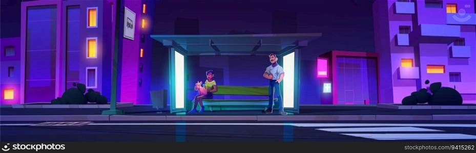 Night neon city bus station with waiting people vector illustration. Woman with dog sitting on bench near highway on pavement and man. Outdoor panoramic scene with cityscape architecture front view. Night neon city bus station with waiting people