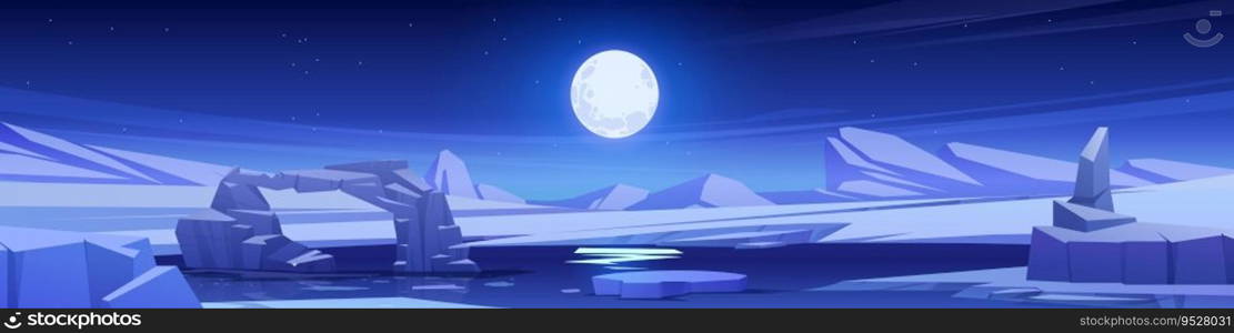 Night north pole vector landscape with full moon in sky. Cartoon dark arctic illustration with frozen water and ice arch. Freeze lake and snowy hill outdoor antarctica environment for web banner. Night north pole vector landscape with full moon