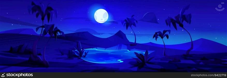 Night oasis in sahara desert vector cartoon landscape. Palm tree, lake and drought mountain tropical mirage image for savannah scene. Egyptian or dubai heat dune nature for game graphic wallpaper. Night oasis in sahara desert vector landscape