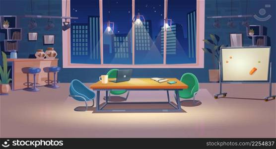 Night office, coworking space interior, business center with computer on desk, armchairs, coffee break zone and glowing lamps. Area for teamwork, freelance shared workplace Cartoon vector illustration. Night office, coworking space interior, workplace