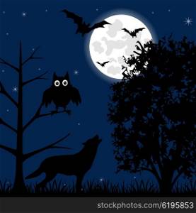 Night on Halloween. The Moon night in wood in halloween.Vector illustration