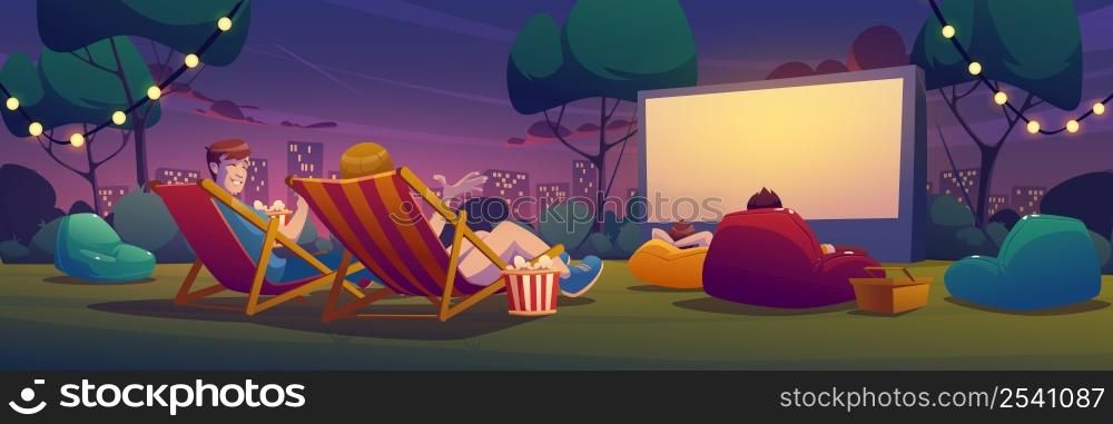 Night open air cinema on lawn in city park, garden or backyard. Vector cartoon summer landscape with empty outdoor movie theater with big screen, chaises, picnic baskets and lightbulb garland. Night open air cinema on lawn in city park