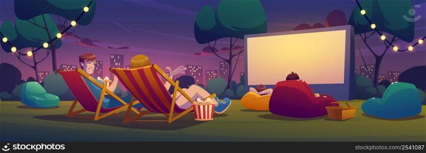 Night open air cinema on lawn in city park, garden or backyard. Vector cartoon summer landscape with empty outdoor movie theater with big screen, chaises, picnic baskets and lightbulb garland. Night open air cinema on lawn in city park