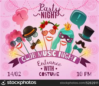 Night Party Advertising Poster. Colorful advertising poster with invitation to music club for costume night party and props cartoon icons vector illustration