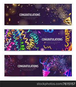 Night party celebrations popper serpentine confetti 3 realistic festive background horizontal congratulation banners isolated vector illustration