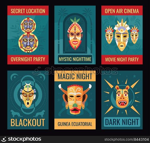 Night party flyers design set with tribal masks. Traditional Guinean decoration vector illustration with text s&les. Template for announcement posters or invitation cards