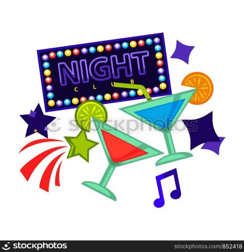 Night party or dance club vector icons. Birthday or holiday weekend celebration design of disco stars, night club neon signage and cocktails. Night party or dance club vector icons of cocktails and birthday celebration stars