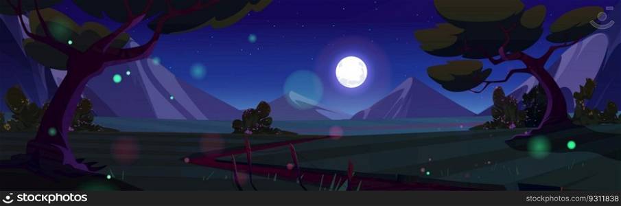 Night path in field and mountain forest nature vector landscape illustration. Cartoon spring dark lawn outdoor woodland environment and starry sky season. Countryside horizon with firefly spark light. Path in field and mountain forest nature landscape