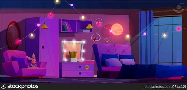 Night pink girly bedroom interior vector cartoon. Teen bed and neon l&light in teenage room. Purple female furniture in dark flat with nobody. Bulb mirror, armchair and carpet at teenager home. Night pink girly bedroom interior vector cartoon