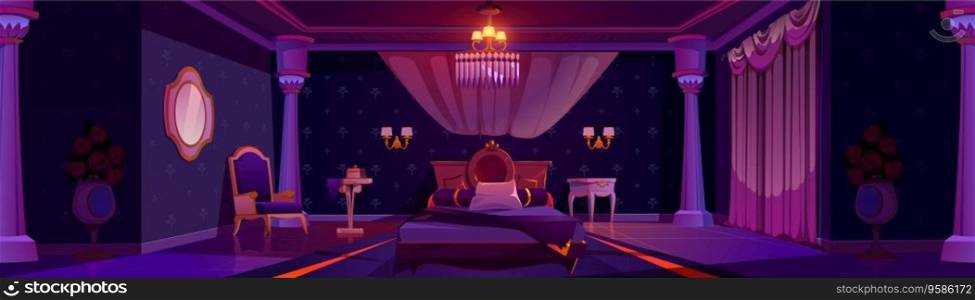 Night princess castle bedroom interior background. Mirror, curtain, bed, chair and nightstand furniture in beautiful sleeping room cartoon illustration. Antique luxury royal queen apartment decoration. Night princess castle bedroom interior background