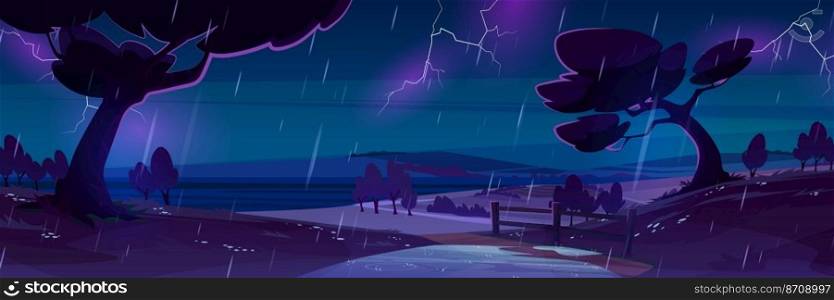 Night rain at countryside cartoon landscape, storm with lightning strikes in dark sky, dirt road, trees with bushes and sea view. Rainy background, thunderstorm natural scene, Vector illustration. Night rain at countryside cartoon landscape, storm