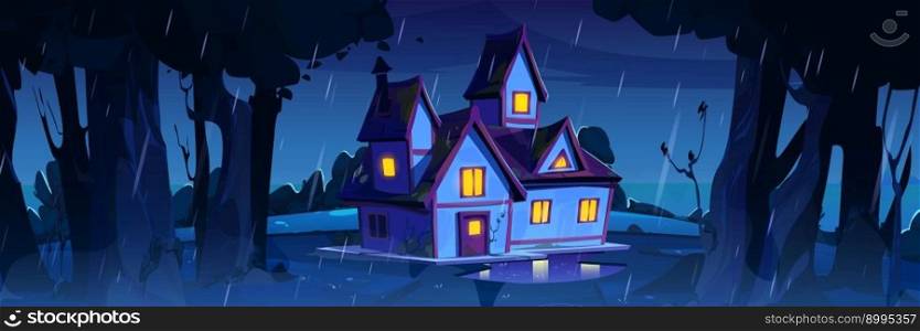 Night rainy landscape with forest and village house. Nature scene with countryside cottage, garden with trees and bushes, sandy road and puddle under raindrops, vector cartoon illustration. Night rainy landscape with forest, village house