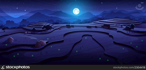Night rice field terraces at asian mountains landscape with paddy plantation cascades, chinese agricultural farm under dark starry sky with full moon and glowing fireflies, Cartoon vector illustration. Night rice field terraces at asian landscape scene