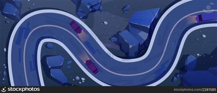 Night road with cars top view, winding highway rocky land surface. Cartoon overhead background with modern infrastructure in mountains area, two-lane curve asphalt pathway, Vector illustration. Night road with cars top view, winding highway
