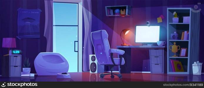 Night room vector interior with study or workplace furniture cartoon illustration. Boy teen computer desk setup with monitor and armchair. Schooler gamer workstation equipment near goblet on shelf. Night room vector interior with study or workplace