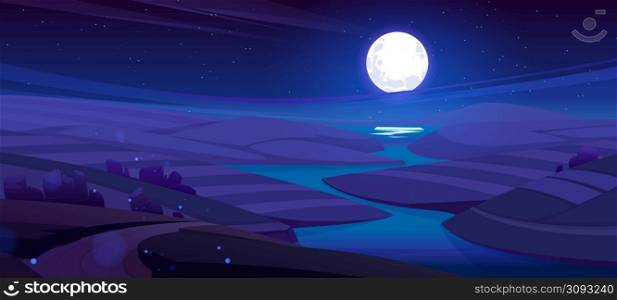 Night rustic meadow landscape, rural field, river and dirt road under dark blue starry sky with full moon and stars reflecting in water. Farmland scenery countryside nature, Cartoon vector background. Night rustic meadow landscape, rural field, river
