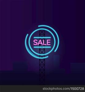 Night sale vector neon light board sign illustration. Clearance wholesale commercial signboard design with typography. Night shopping, low price offer. Announcement banner with outer glowing effect. Night sale vector neon light board sign illustration