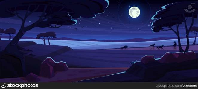 Night savannah landscape, natural african background with hyenas pack silhouettes run through field with trees under dark starry sky with full moon shining, game scene, Cartoon vector illustration. Night savannah landscape african background, scene