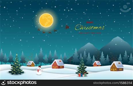 Night scene background with Santa claus flying on sleigh pulled by reindeer over village,for holiday,celebrate party,greeting card,invitation or poster,vector illustration